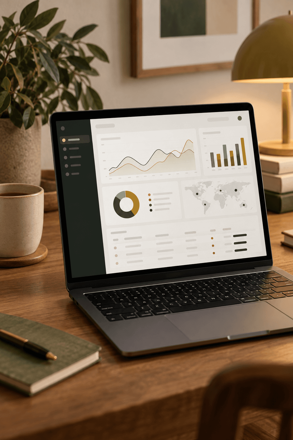 Laptop displaying a clean analytics dashboard on a warm desk