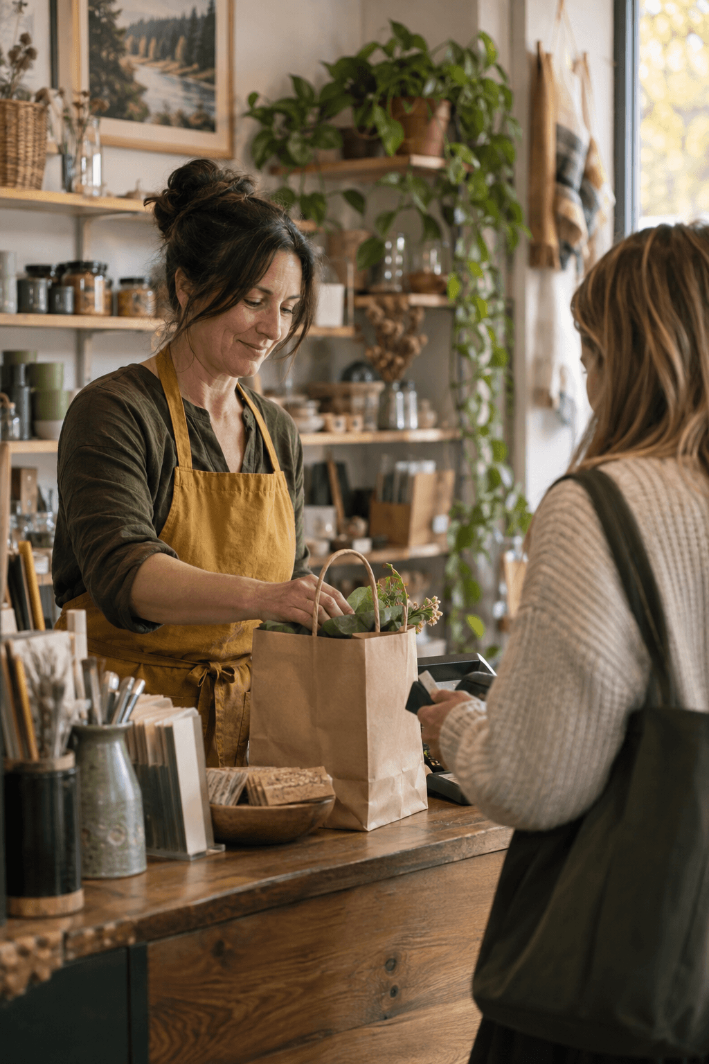 Retail shop owner helping a customer at checkout