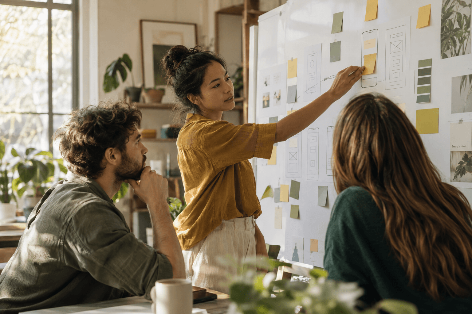 Design team collaborating around interface sketches on a whiteboard